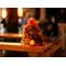Irish Twins Potpourri's Pumpkin Spice potpourri in an orange sachet on a rustic wood table, with warm blurred lighting in the background.